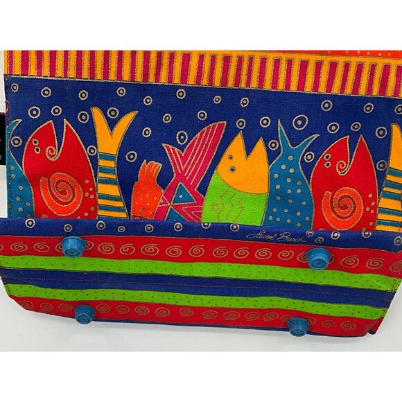 Laurel Burch Colorful Fish Canvas Tote Bag With Wooden Handles & Charm - Picture 7 of 9